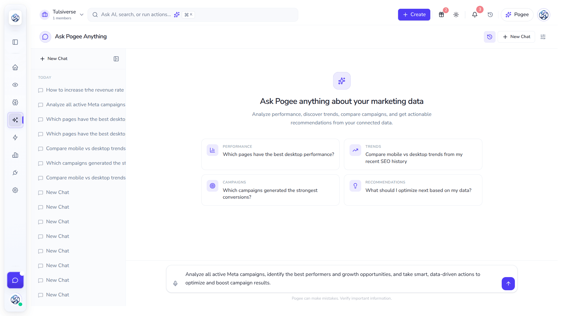 Horrazon Pogee AI assistant chat screen with suggested prompts for analyzing marketing performance, trends, campaigns, and recommendations.